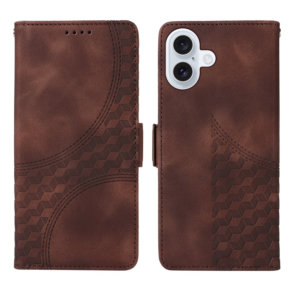For iPhone 17 Leather Cases Wallet Rhombus Imprinted Phone Cover Stand with Strap - Brown