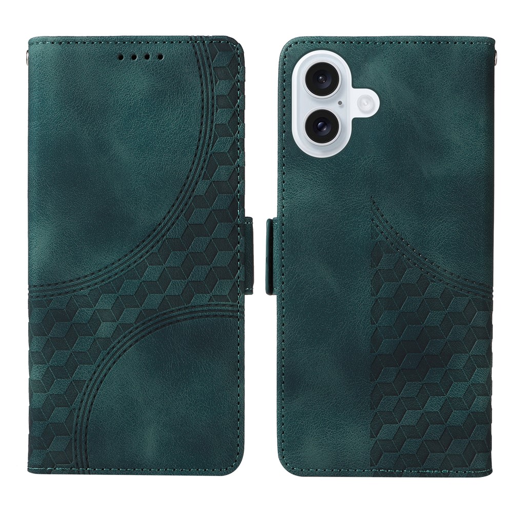 For iPhone 17 Leather Cases Wallet Rhombus Imprinted Phone Cover Stand with Strap - Green