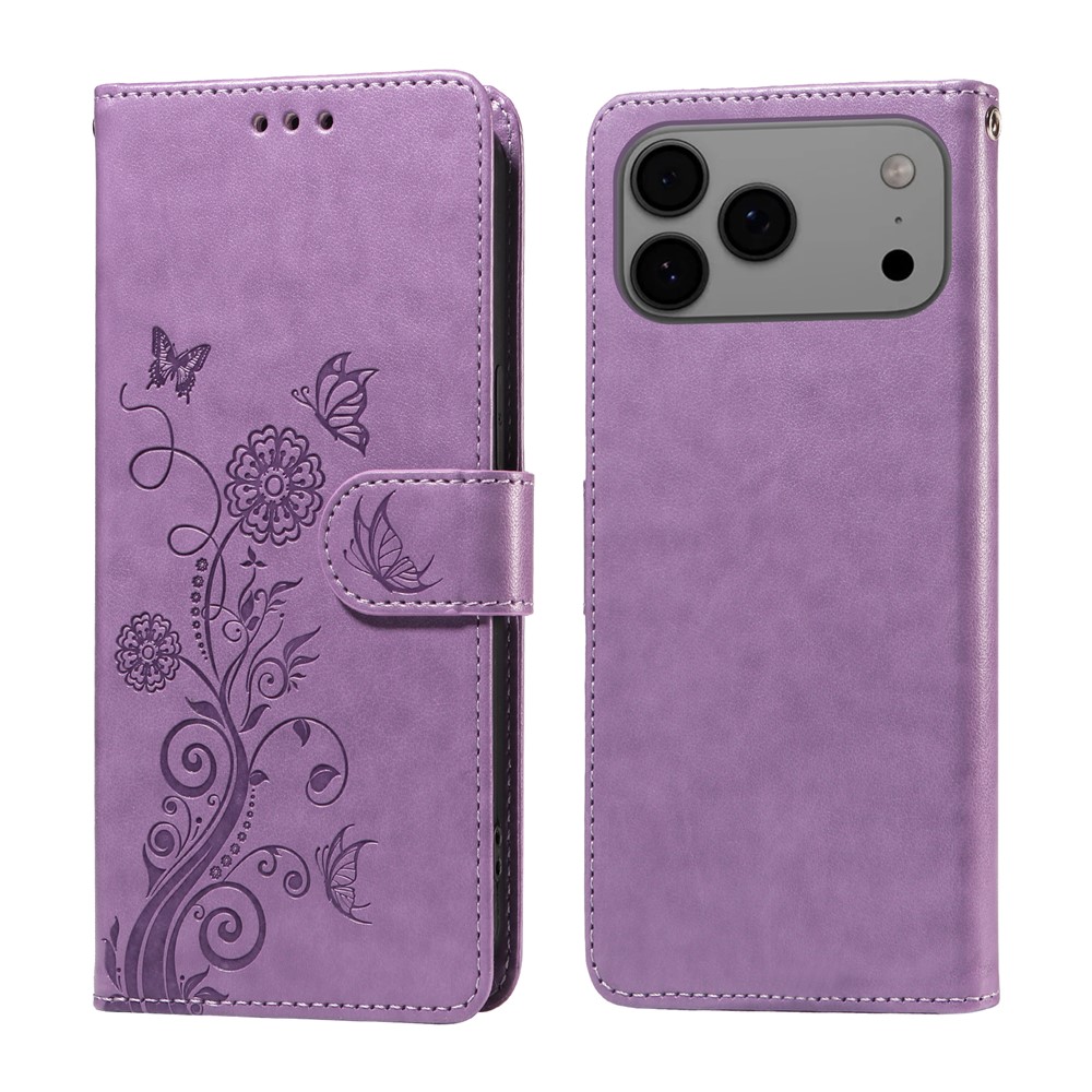 For iPhone 17 Pro Max Leather Case Butterfly Floral Imprint Wallet Stand Cover - Purple