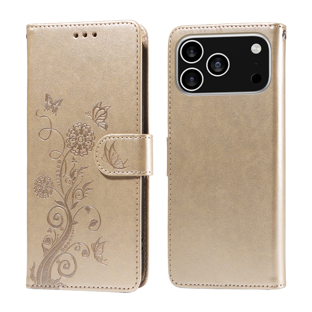 For iPhone 17 Pro Leather Case Butterfly Floral Imprint Wallet Stand Cover - Golden