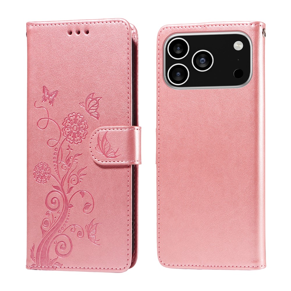 For iPhone 17 Pro Leather Case Butterfly Floral Imprint Wallet Stand Cover - Pink