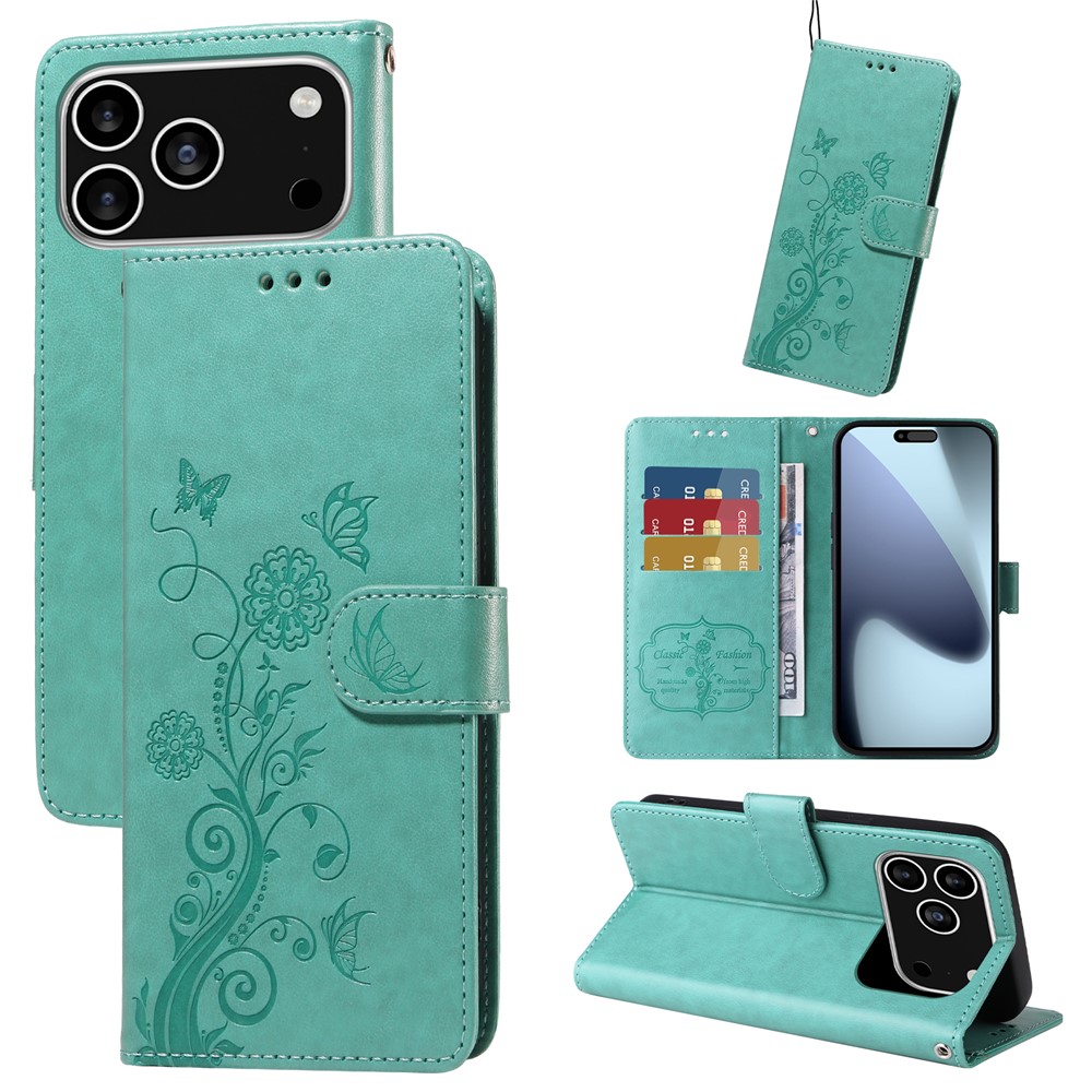 For iPhone 17 Pro Leather Case Butterfly Floral Imprint Wallet Stand Cover - Green