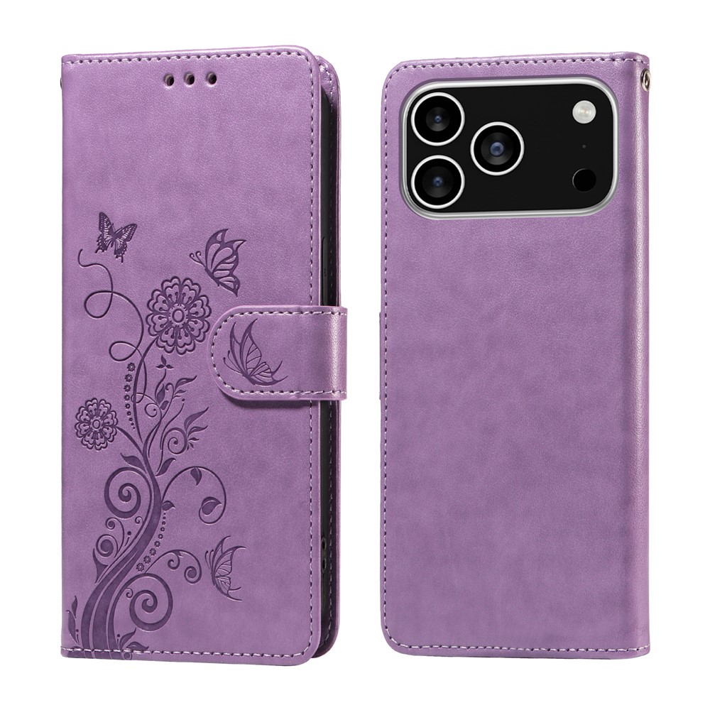 For iPhone 17 Pro Leather Case Butterfly Floral Imprint Wallet Stand Cover - Purple