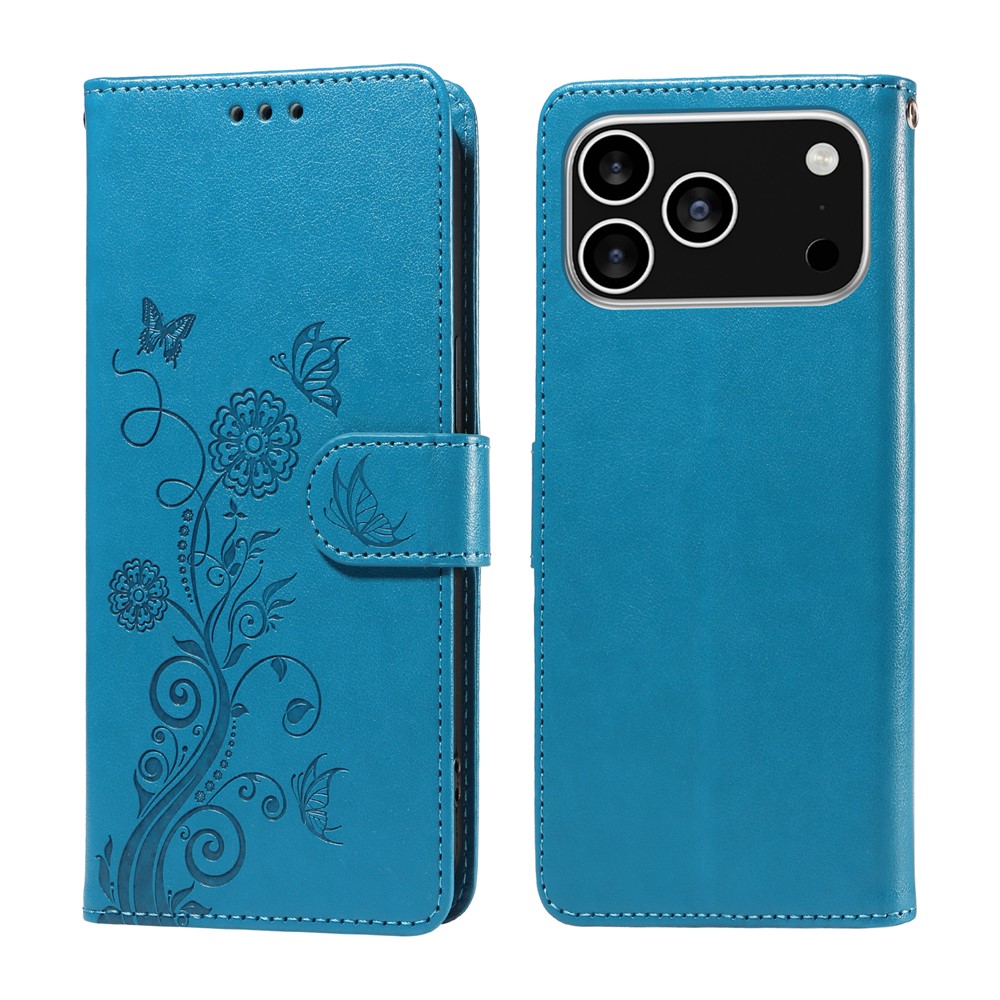 For iPhone 17 Pro Leather Case Butterfly Floral Imprint Wallet Stand Cover - Blue