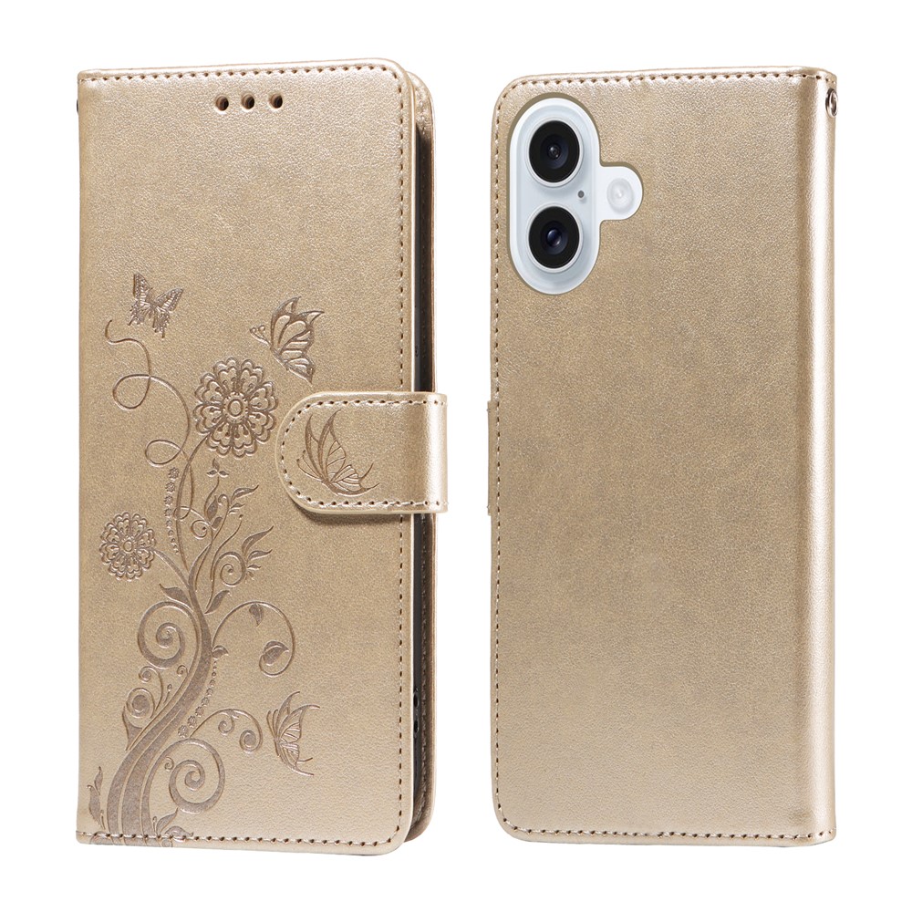 For iPhone 17 Leather Case Butterfly Floral Imprint Wallet Stand Cover - Golden
