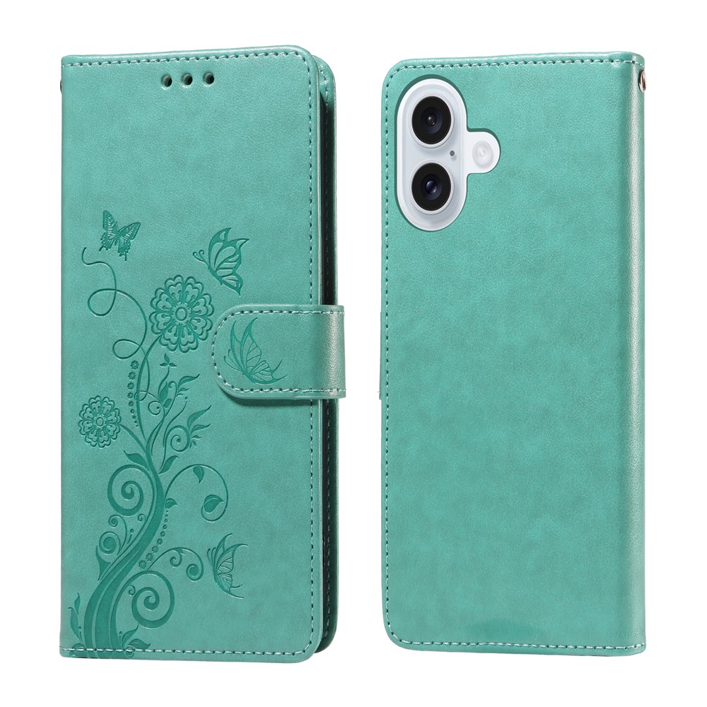 For iPhone 17 Leather Case Butterfly Floral Imprint Wallet Stand Cover - Green