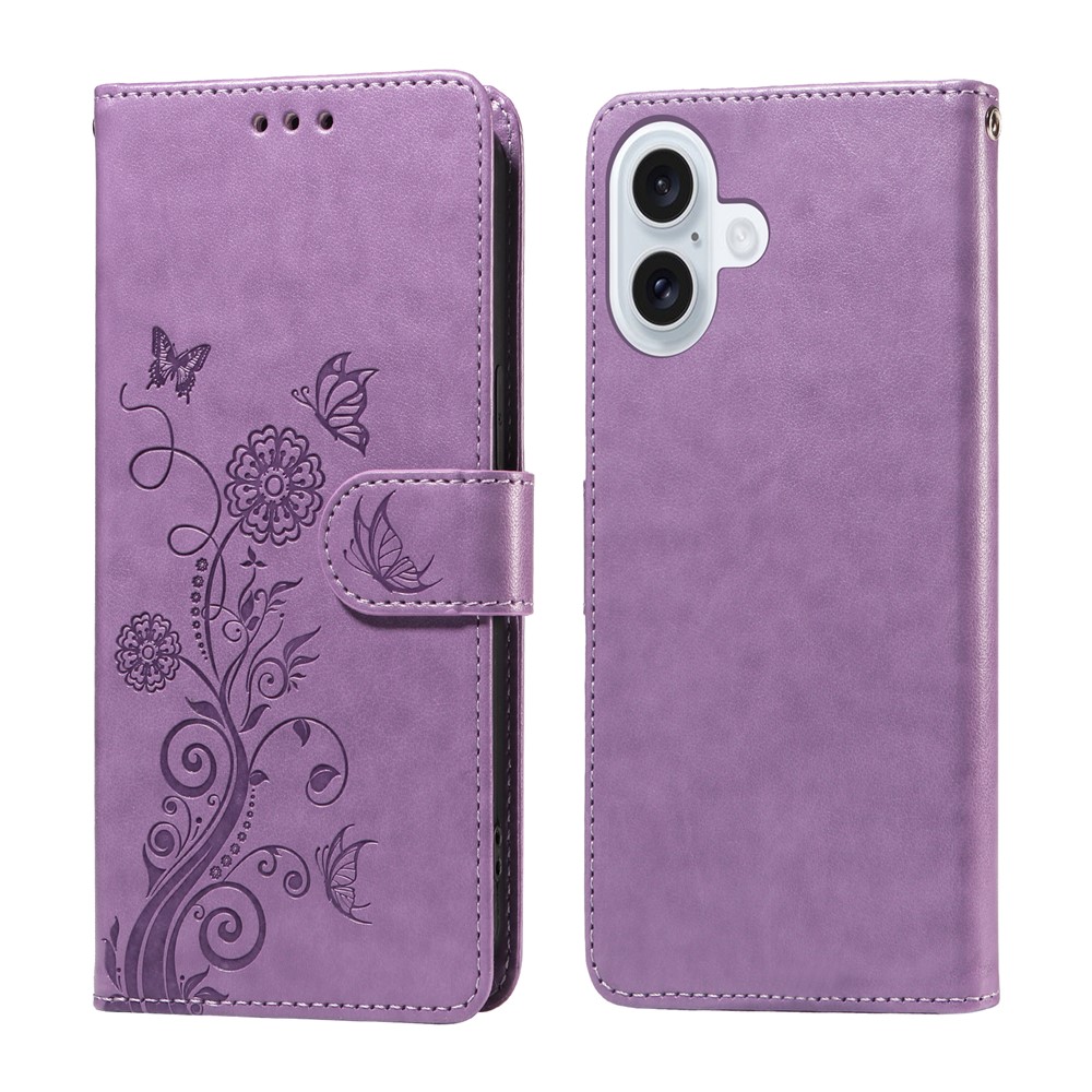 For iPhone 17 Leather Case Butterfly Floral Imprint Wallet Stand Cover - Purple