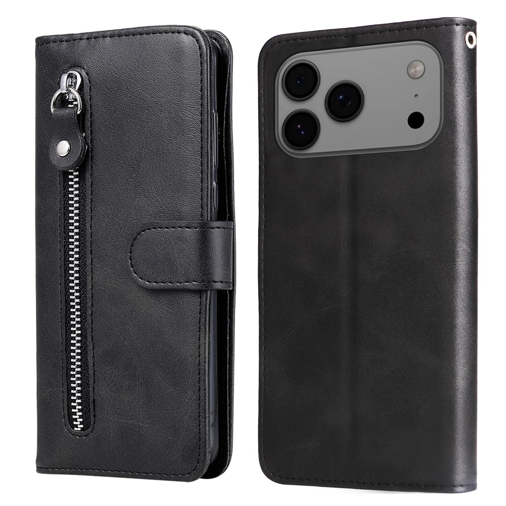For iPhone 17 Pro Max PU Leather Cases with Zipper Pocket Wallet Phone Cover Stand - Black
