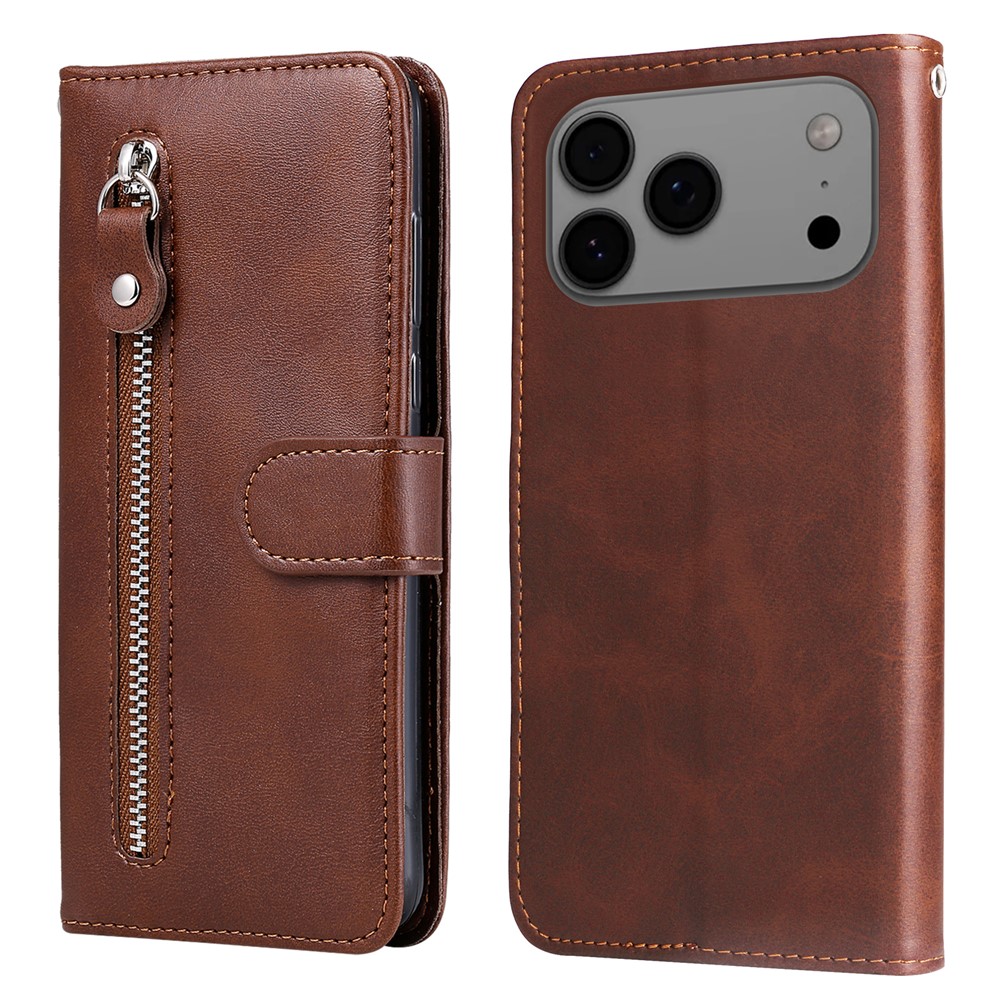 For iPhone 17 Pro Max PU Leather Cases with Zipper Pocket Wallet Phone Cover Stand - Brown
