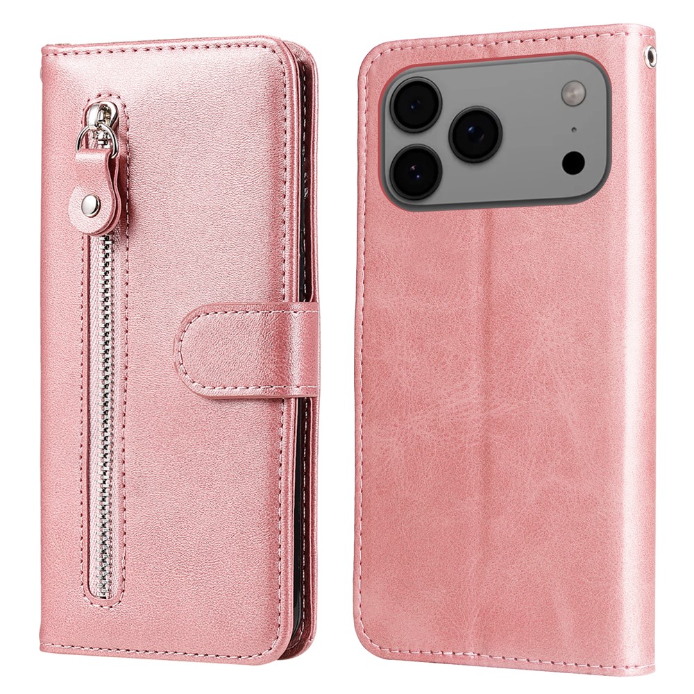 For iPhone 17 Pro Max PU Leather Cases with Zipper Pocket Wallet Phone Cover Stand - Pink