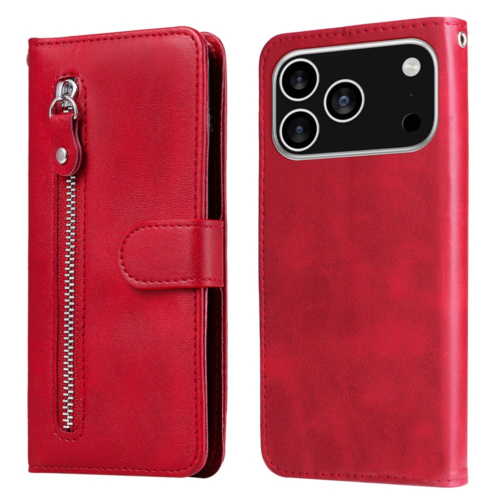 For iPhone 17 Pro PU Leather Cases with Zipper Pocket Wallet Phone Cover Stand - Red
