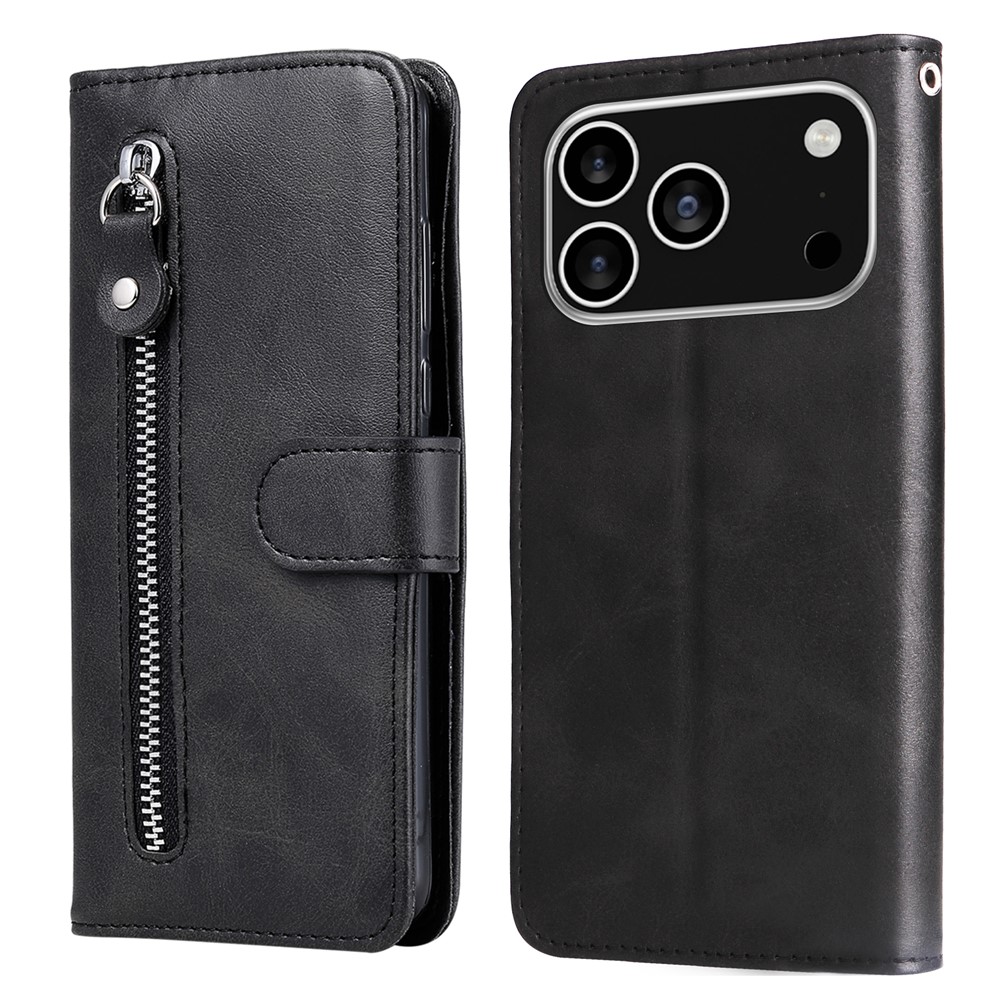 For iPhone 17 Pro PU Leather Cases with Zipper Pocket Wallet Phone Cover Stand - Black
