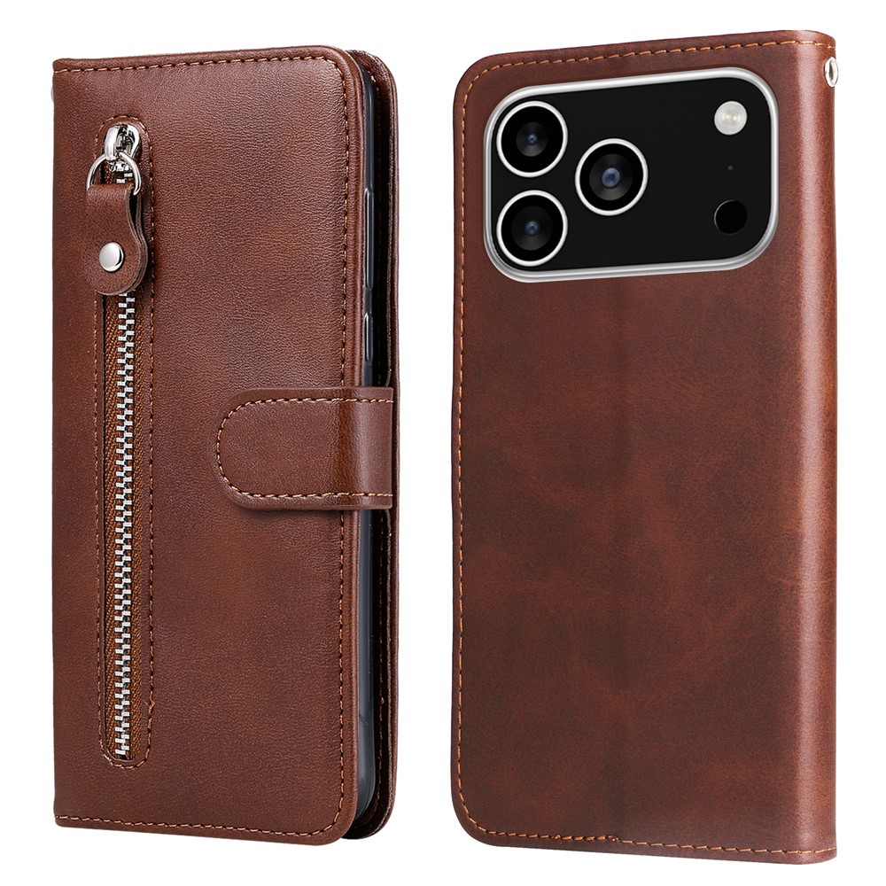 For iPhone 17 Pro PU Leather Cases with Zipper Pocket Wallet Phone Cover Stand - Brown