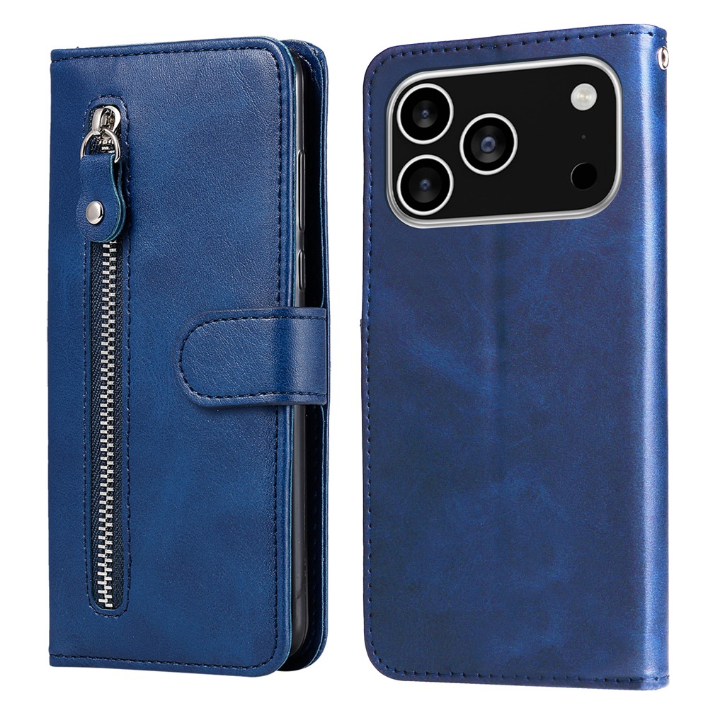 For iPhone 17 Pro PU Leather Cases with Zipper Pocket Wallet Phone Cover Stand - Blue