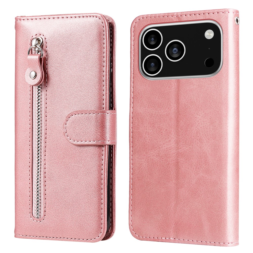 For iPhone 17 Pro PU Leather Cases with Zipper Pocket Wallet Phone Cover Stand - Pink