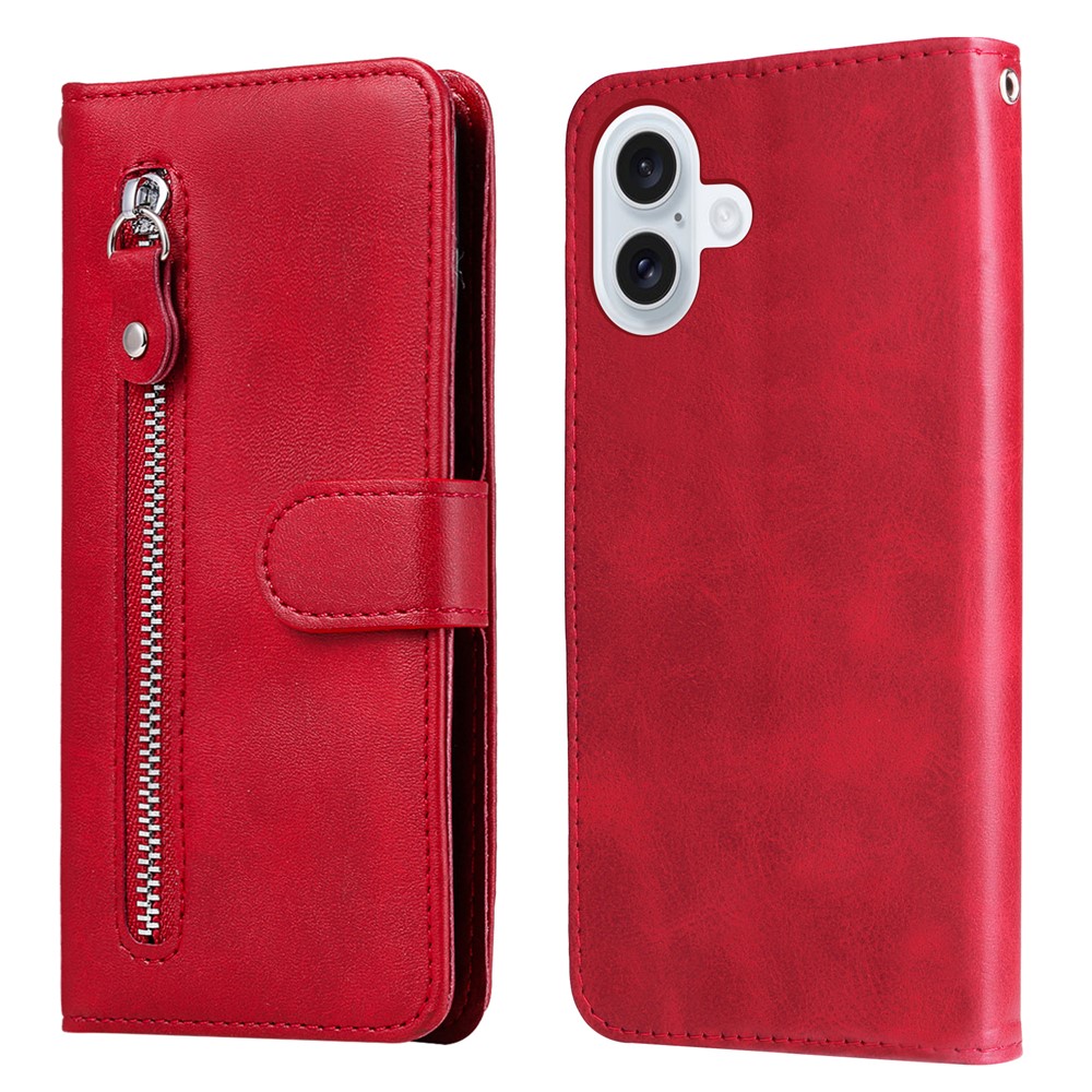 For iPhone 17 PU Leather Cases with Zipper Pocket Wallet Phone Cover Stand - Red