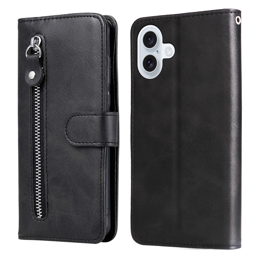 For iPhone 17 PU Leather Cases with Zipper Pocket Wallet Phone Cover Stand - Black