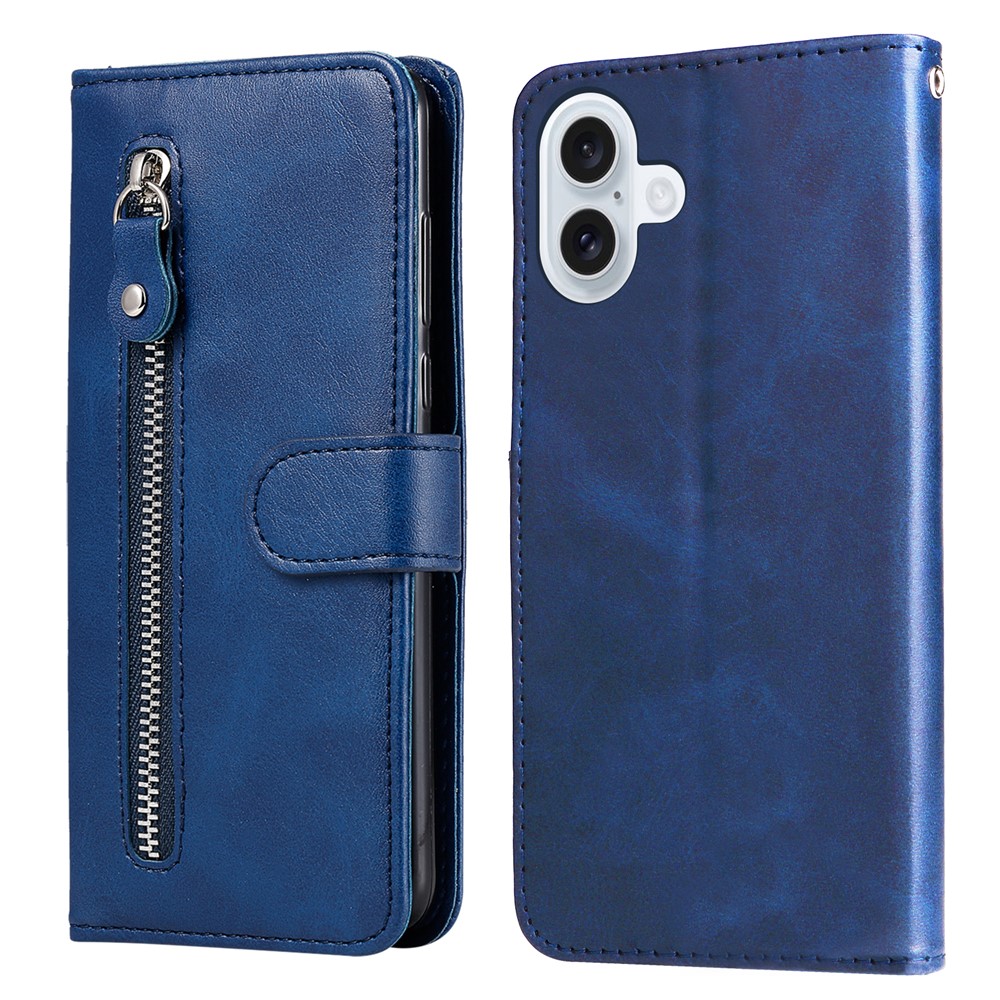 For iPhone 17 PU Leather Cases with Zipper Pocket Wallet Phone Cover Stand - Blue