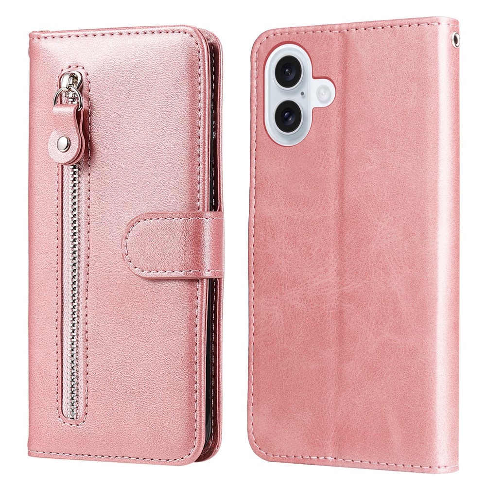 For iPhone 17 PU Leather Cases with Zipper Pocket Wallet Phone Cover Stand - Pink