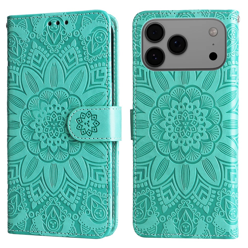 For iPhone 17 Pro Max Case Sunflower Imprint Leather Wallet Phone Cover - Green