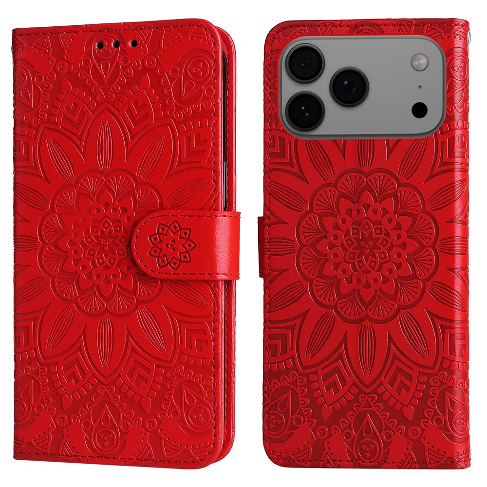 For iPhone 17 Pro Max Case Sunflower Imprint Leather Wallet Phone Cover - Red