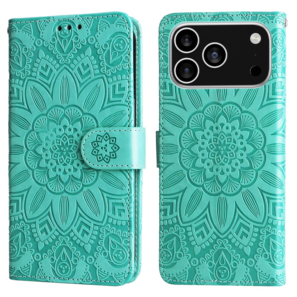 For iPhone 17 Pro Case Sunflower Imprint Leather Wallet Phone Cover - Green