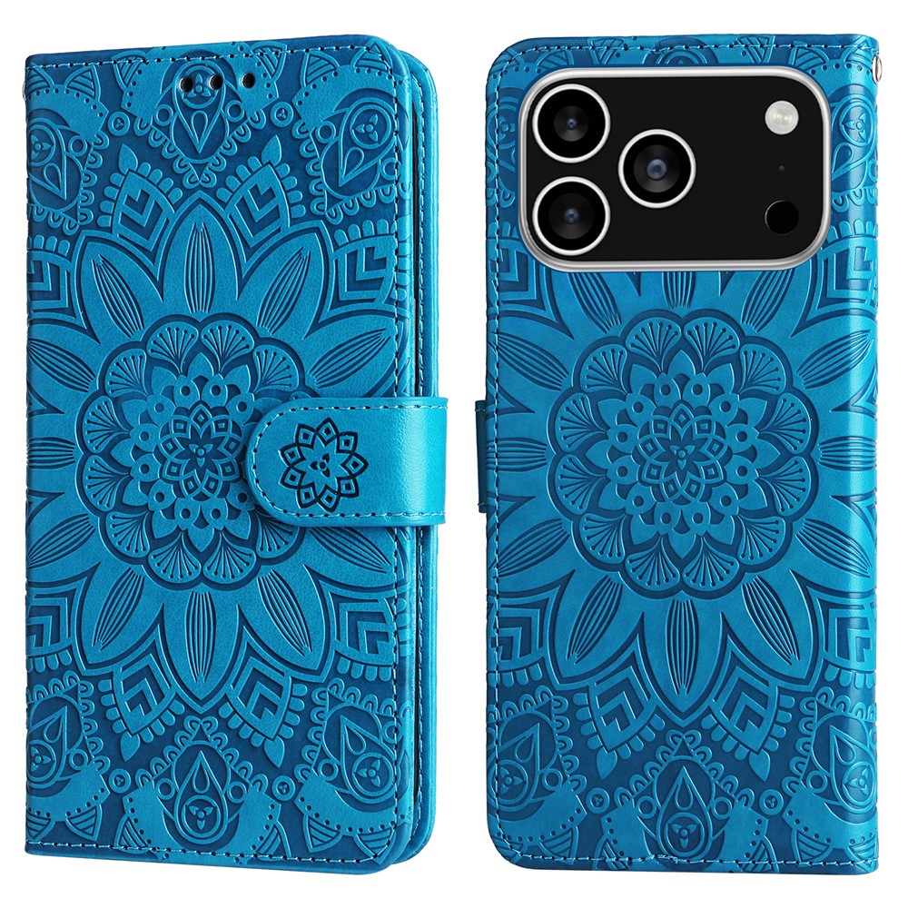 For iPhone 17 Pro Case Sunflower Imprint Leather Wallet Phone Cover - Blue