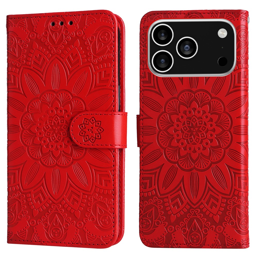 For iPhone 17 Pro Case Sunflower Imprint Leather Wallet Phone Cover - Red