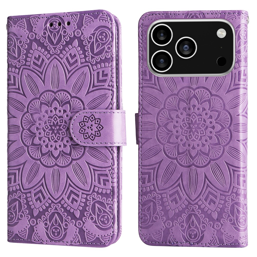 For iPhone 17 Pro Case Sunflower Imprint Leather Wallet Phone Cover - Purple