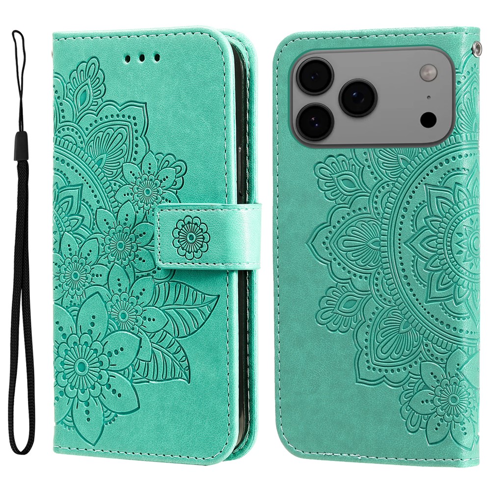 For iPhone 17 Pro Max Case Floral Pattern PU Leather Wallet Stand Phone Cover - Green