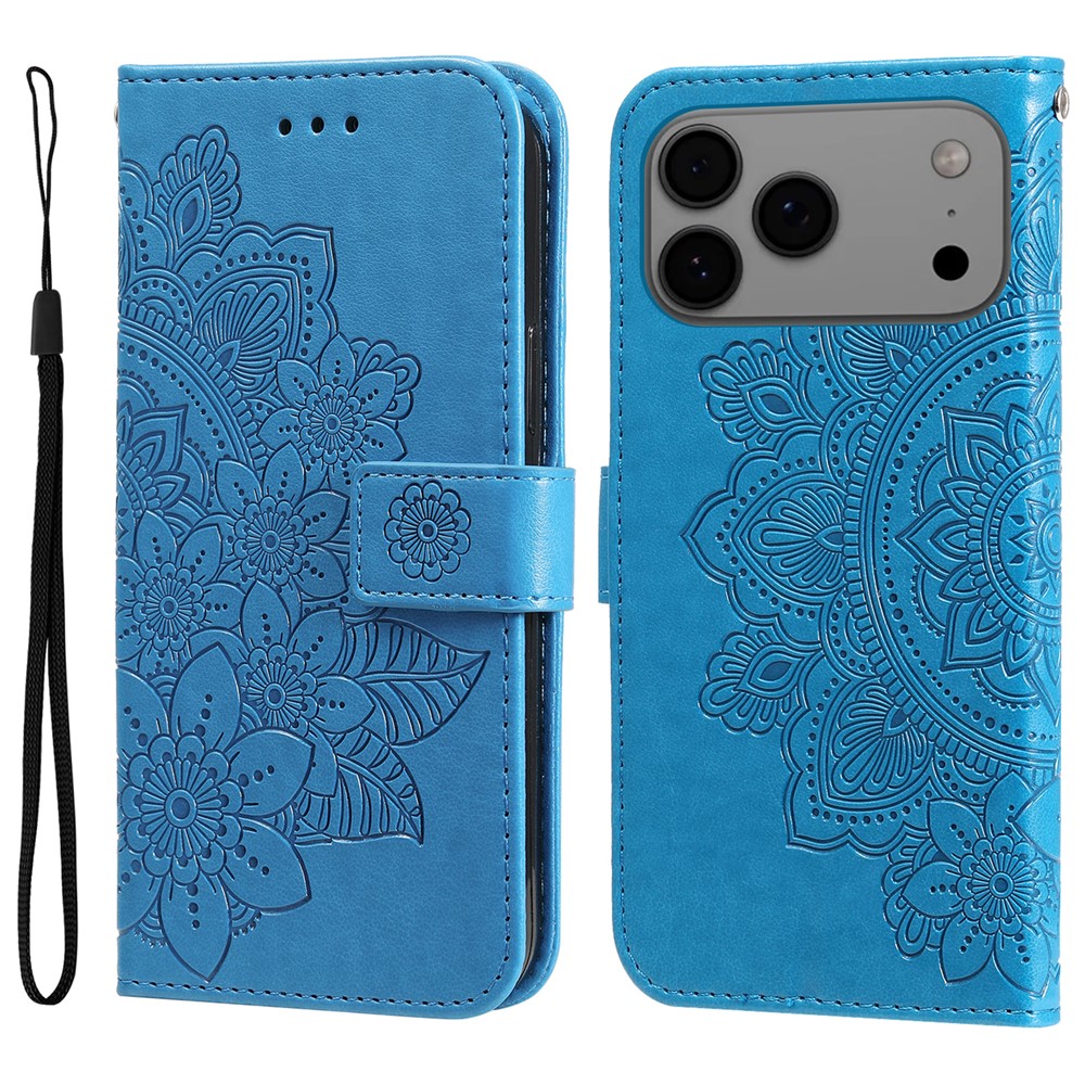 For iPhone 17 Pro Max Case Floral Pattern PU Leather Wallet Stand Phone Cover - Blue