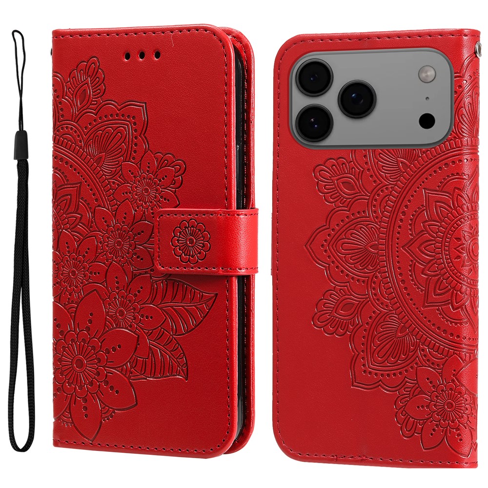 For iPhone 17 Pro Max Case Floral Pattern PU Leather Wallet Stand Phone Cover - Red