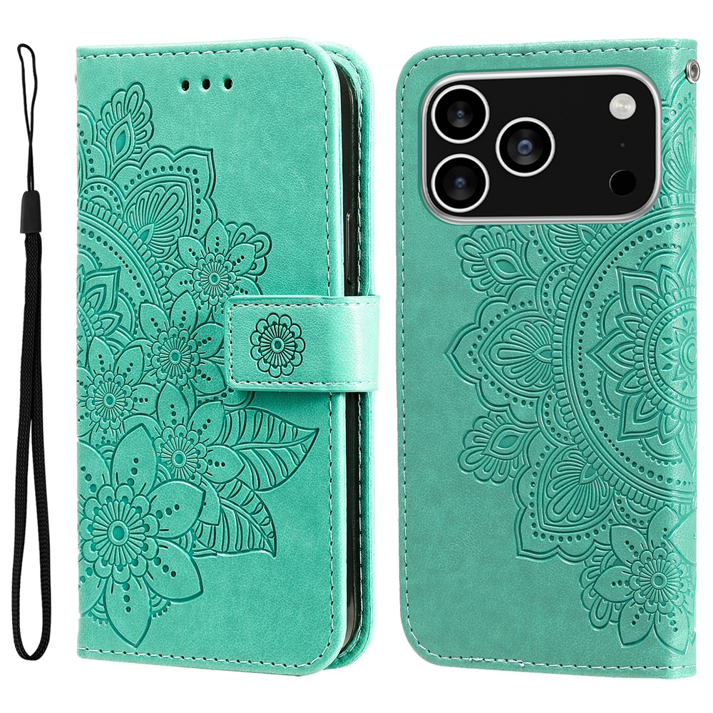For iPhone 17 Pro Case Floral Pattern PU Leather Wallet Stand Phone Cover - Green
