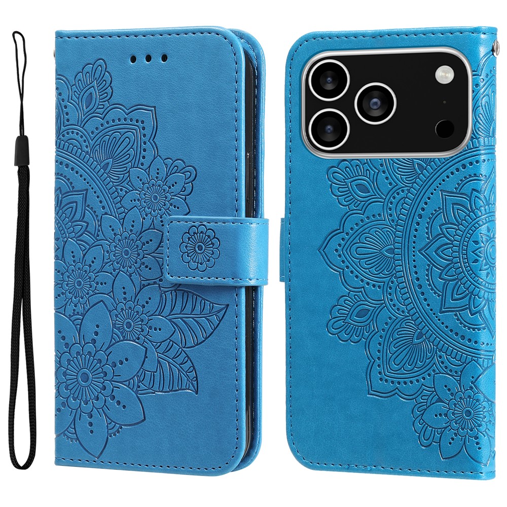 For iPhone 17 Pro Case Floral Pattern PU Leather Wallet Stand Phone Cover - Blue