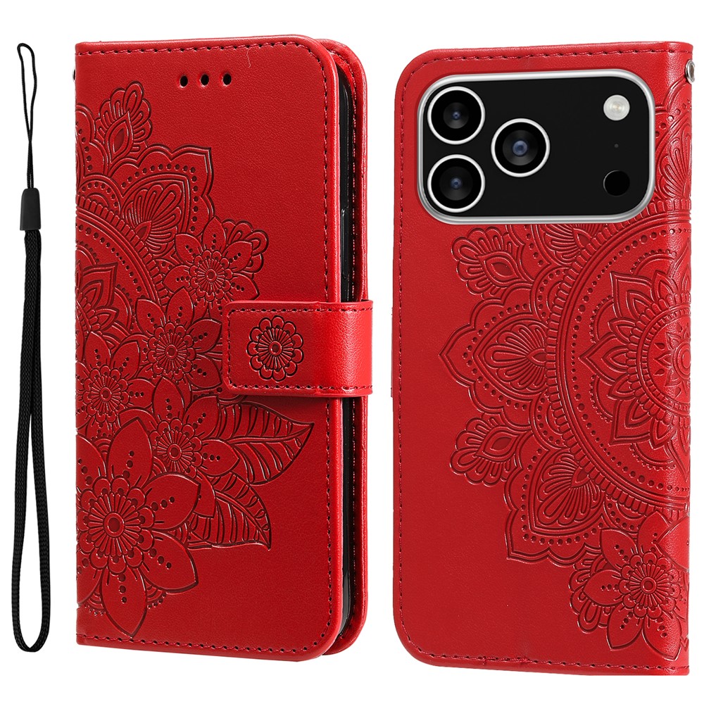 For iPhone 17 Pro Case Floral Pattern PU Leather Wallet Stand Phone Cover - Red