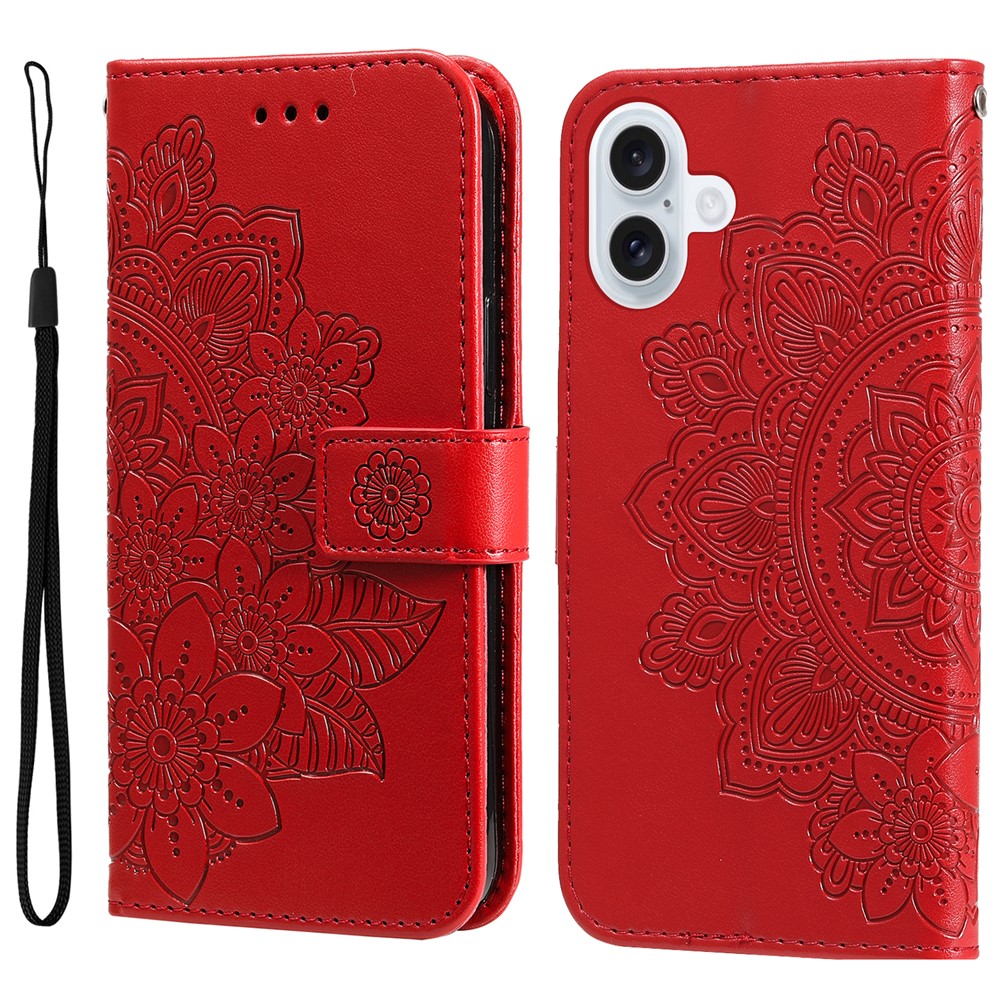 For iPhone 17 Case Floral Pattern PU Leather Wallet Stand Phone Cover - Red