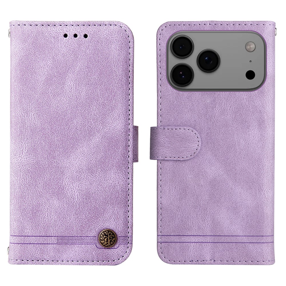 For iPhone 17 Pro Max Leather Wallet Cases Skin Touch Phone Cover Stand with Strap - Purple