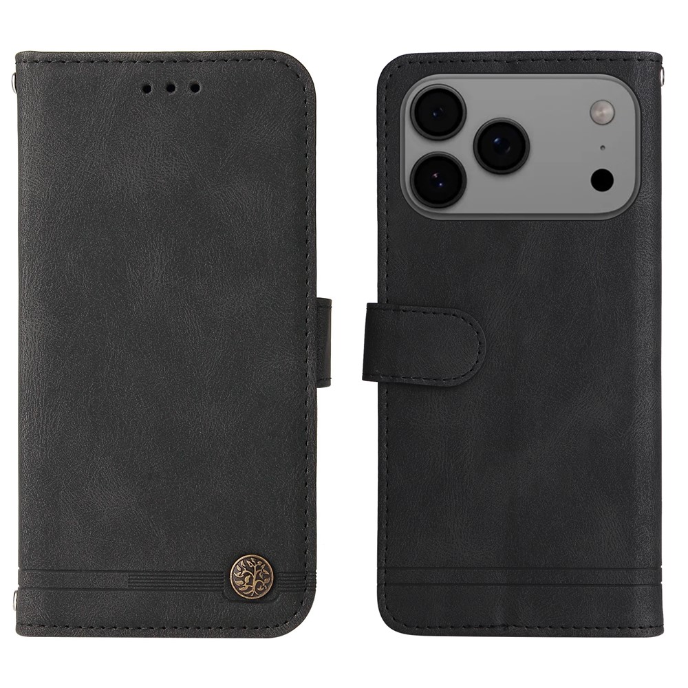 For iPhone 17 Pro Max Leather Wallet Cases Skin Touch Phone Cover Stand with Strap - Black