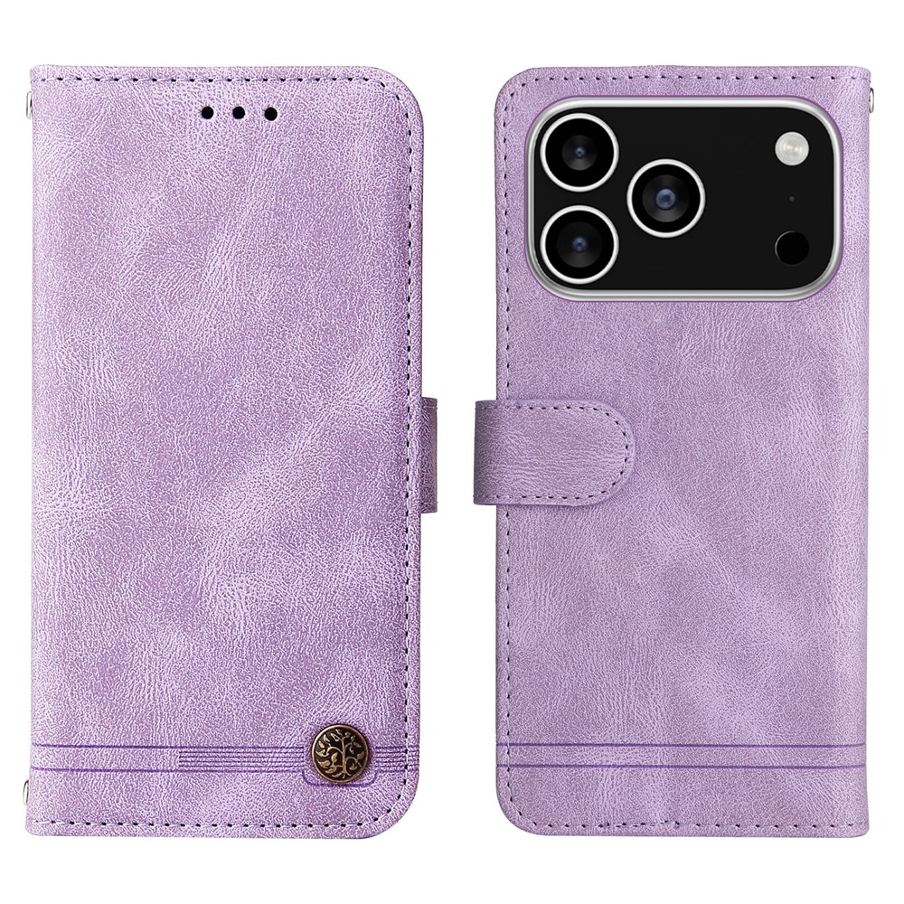 For iPhone 17 Pro Leather Wallet Cases Skin Touch Phone Cover Stand with Strap - Purple