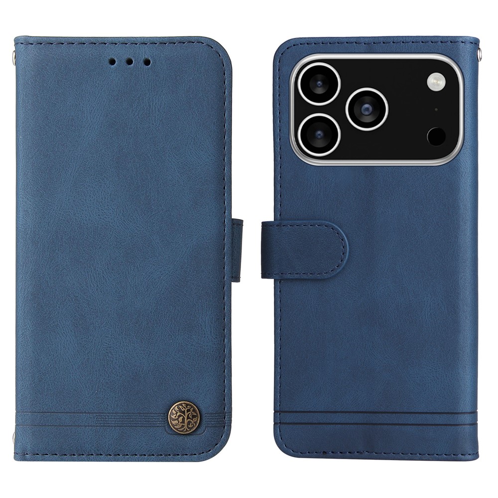 For iPhone 17 Pro Leather Wallet Cases Skin Touch Phone Cover Stand with Strap - Blue