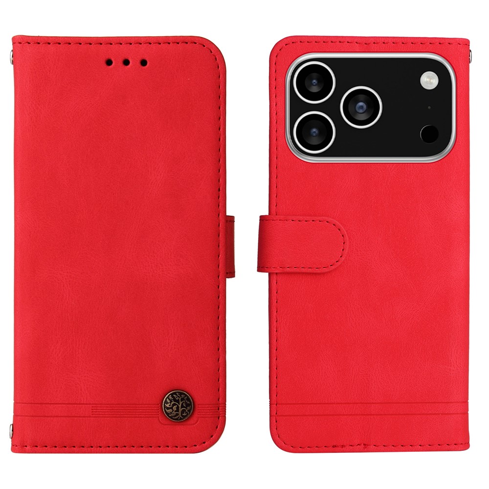 For iPhone 17 Pro Leather Wallet Cases Skin Touch Phone Cover Stand with Strap - Red