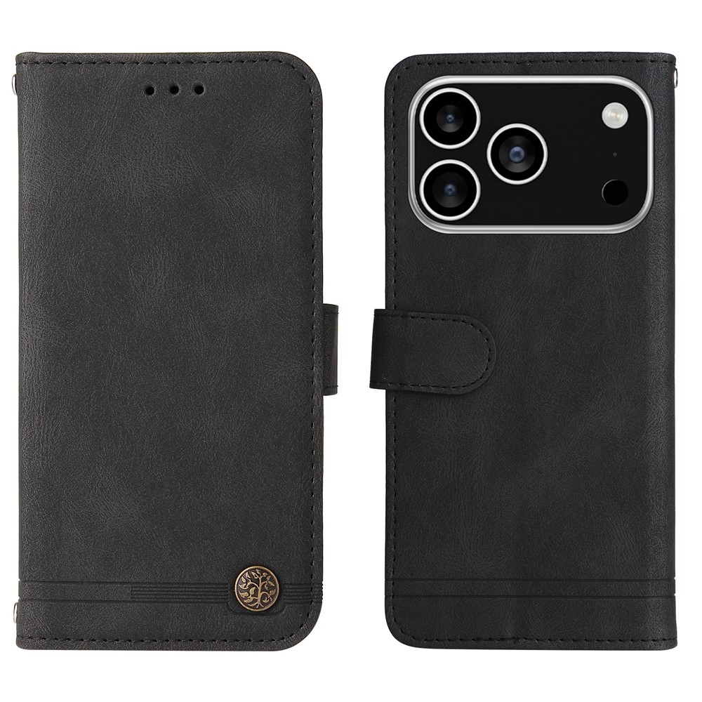 For iPhone 17 Pro Leather Wallet Cases Skin Touch Phone Cover Stand with Strap - Black