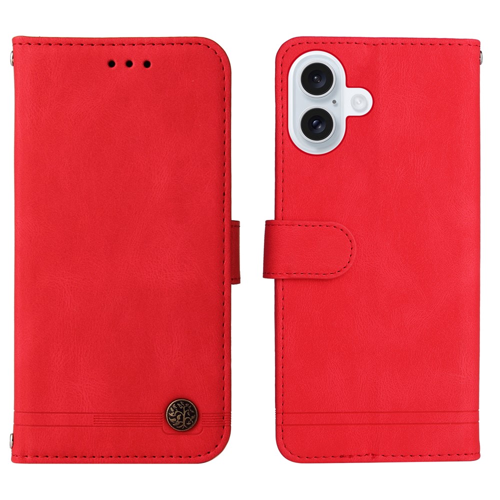 For iPhone 17 Leather Wallet Cases Skin Touch Phone Cover Stand with Strap - Red