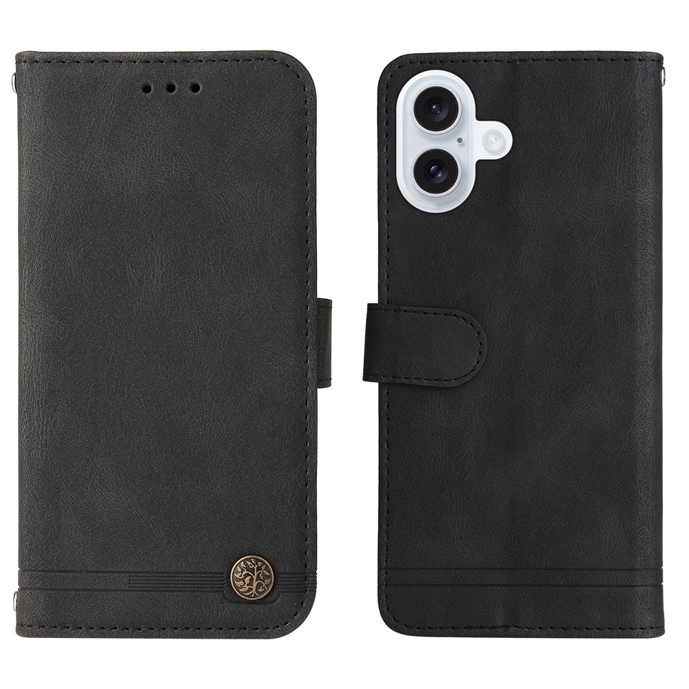 For iPhone 17 Leather Wallet Cases Skin Touch Phone Cover Stand with Strap - Black