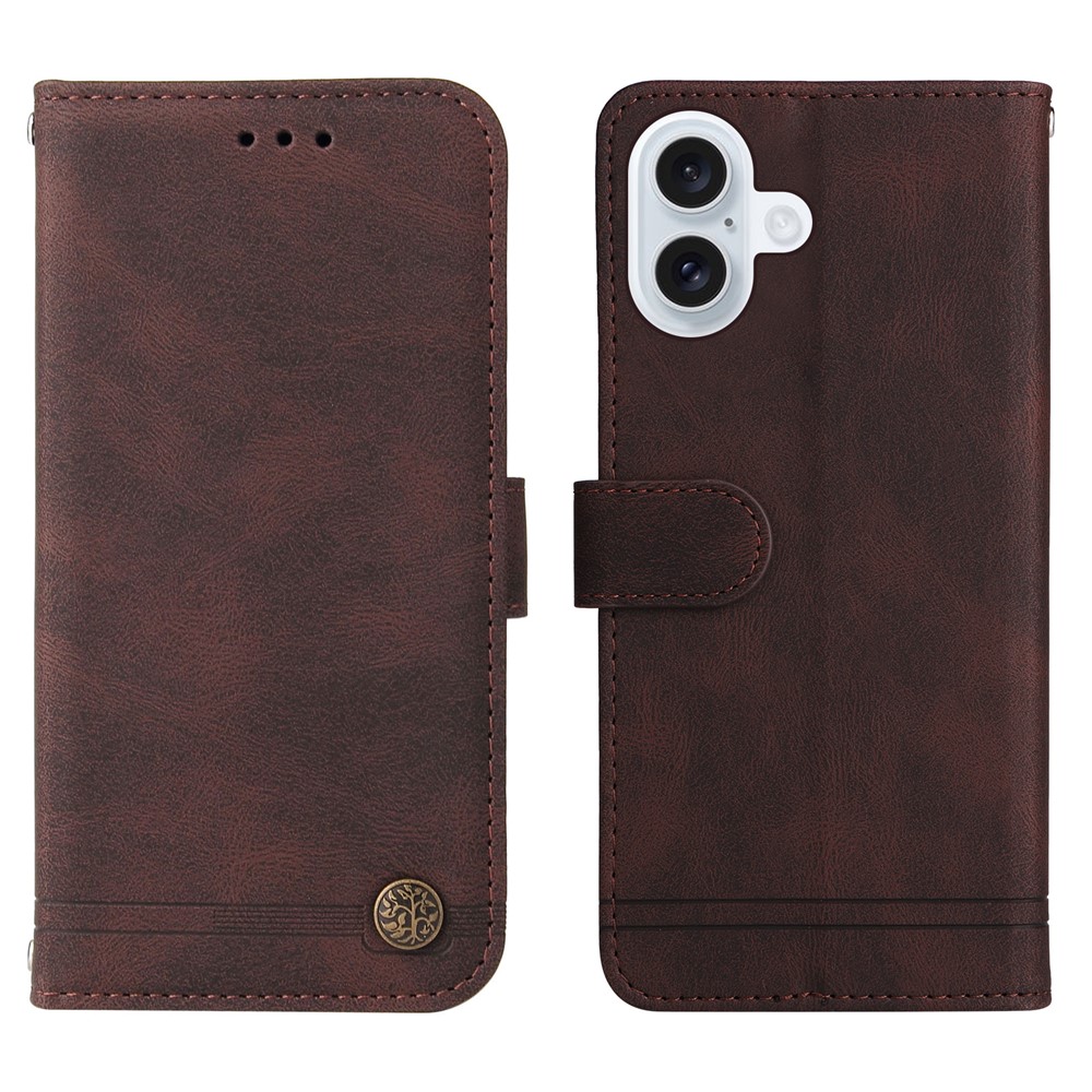 For iPhone 17 Leather Wallet Cases Skin Touch Phone Cover Stand with Strap - Brown