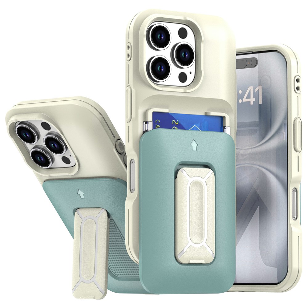 For iPhone 16 Pro Max Case Card Holder Kickstand TPU + PC Shockproof Phone Cover - Beige + Light Green