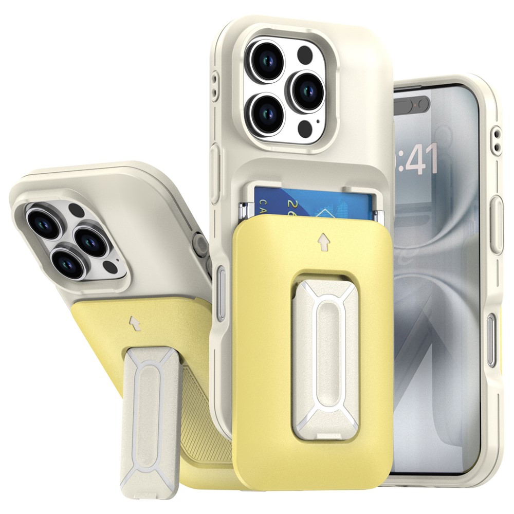 For iPhone 16 Pro Max Case Card Holder Kickstand TPU + PC Shockproof Phone Cover - Beige + Light Yellow