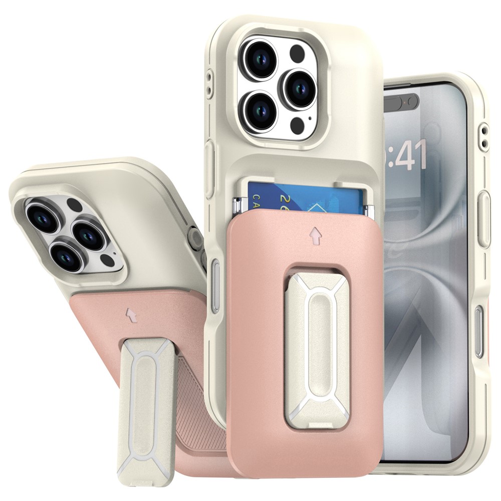 For iPhone 16 Pro Max Case Card Holder Kickstand TPU + PC Shockproof Phone Cover - Beige + Light Pink
