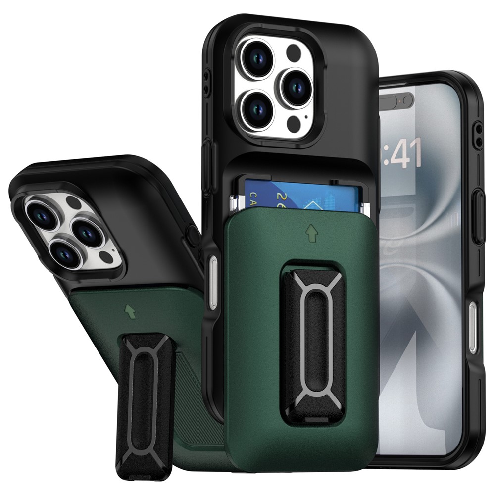 For iPhone 16 Pro Max Case Card Holder Kickstand TPU + PC Shockproof Phone Cover - Black + Green