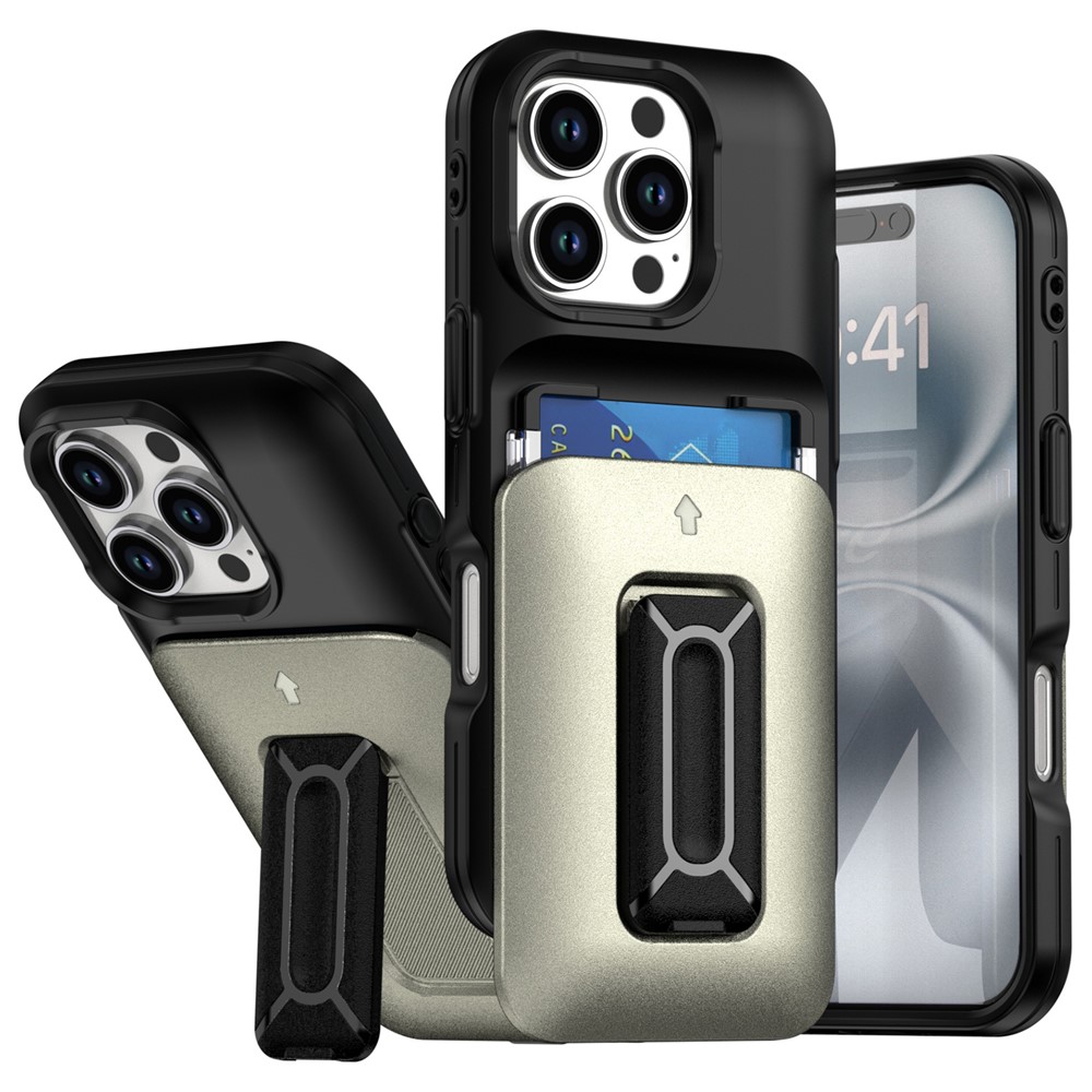 For iPhone 16 Pro Max Case Card Holder Kickstand TPU + PC Shockproof Phone Cover - Black + Gold
